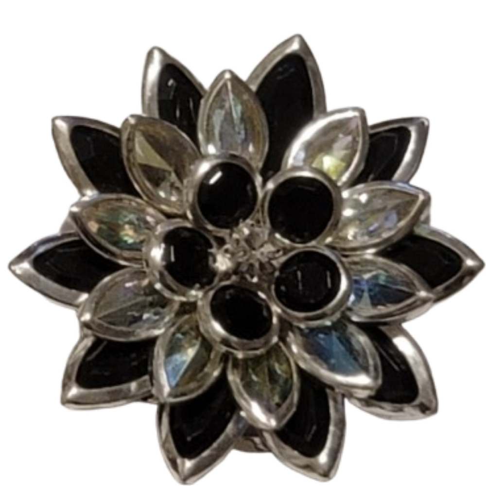 Avon Flower Brooch Pin Bezel Crystals Black & Iridescent Petals vintage